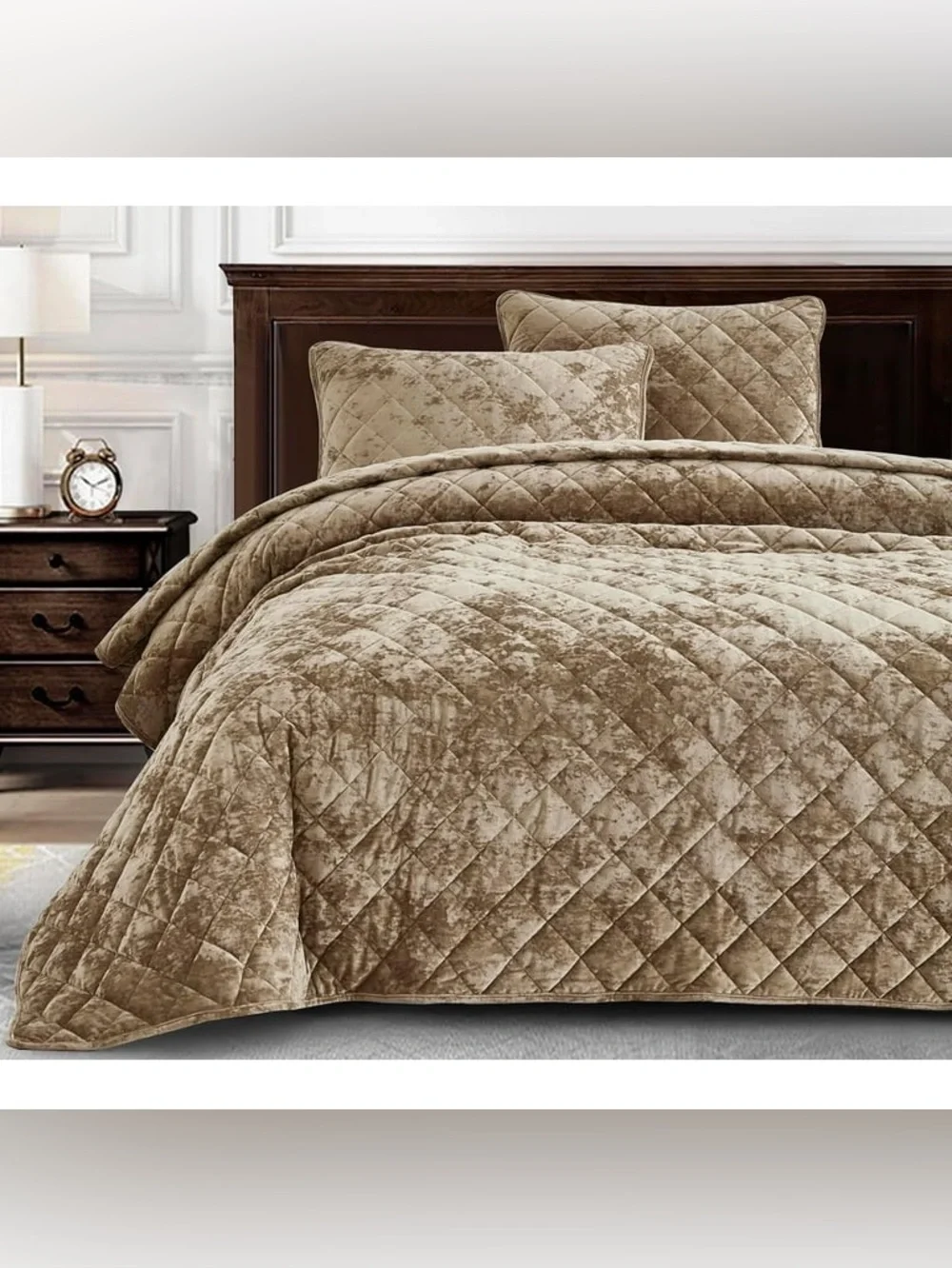 Plush queen 3 piece Quilted Velvet Bedspread Set - Taupe